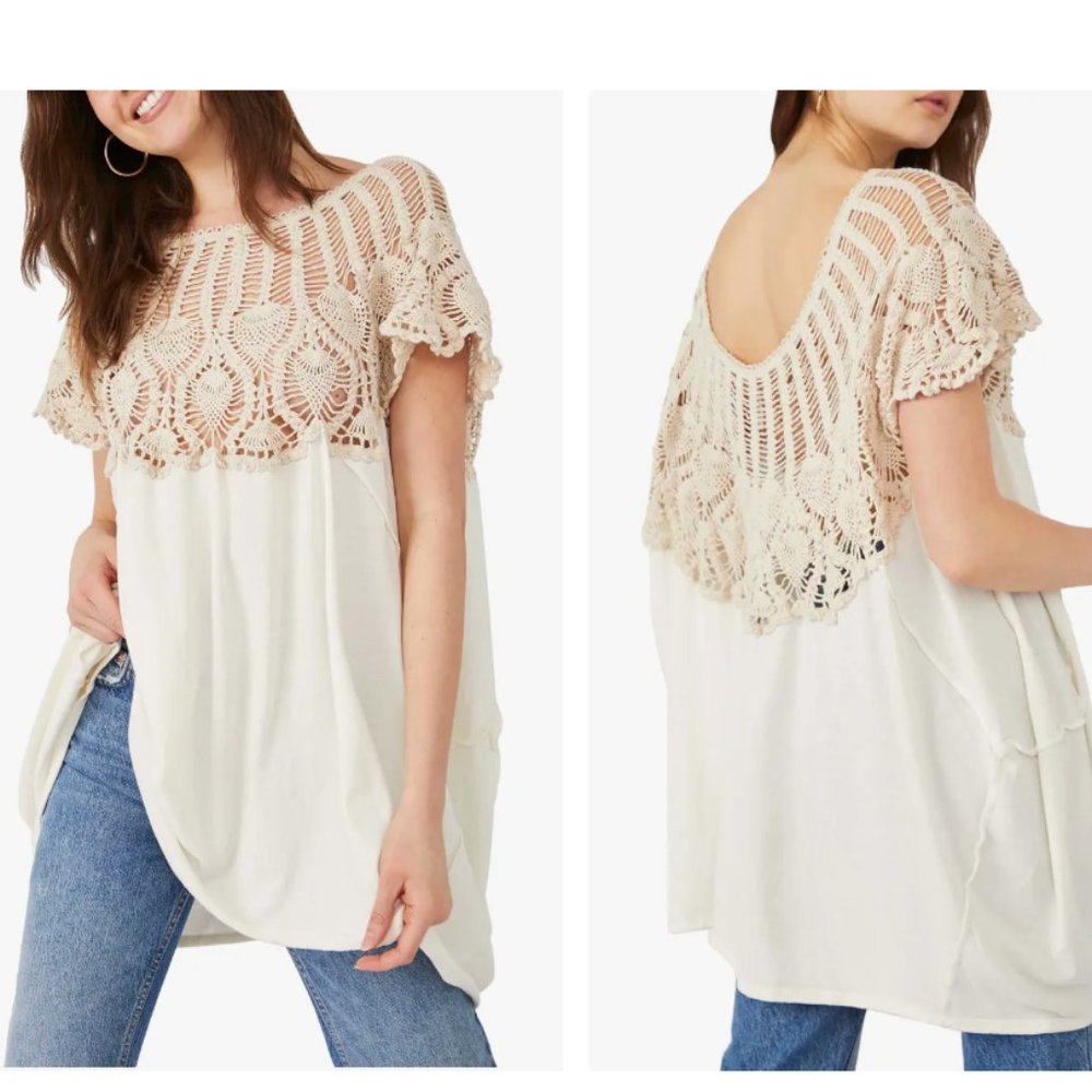 Free People Oversize Sweet Sun Crochet Trimmed Tunic Top, Size s